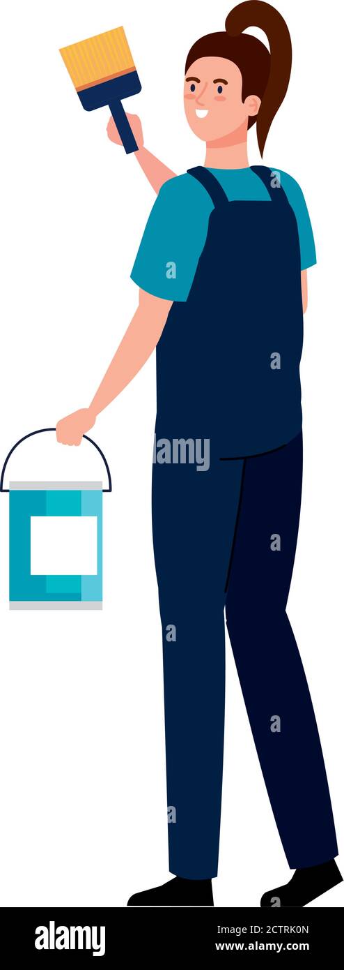 woman cartoon with construction paint bucket and brush vector design ...