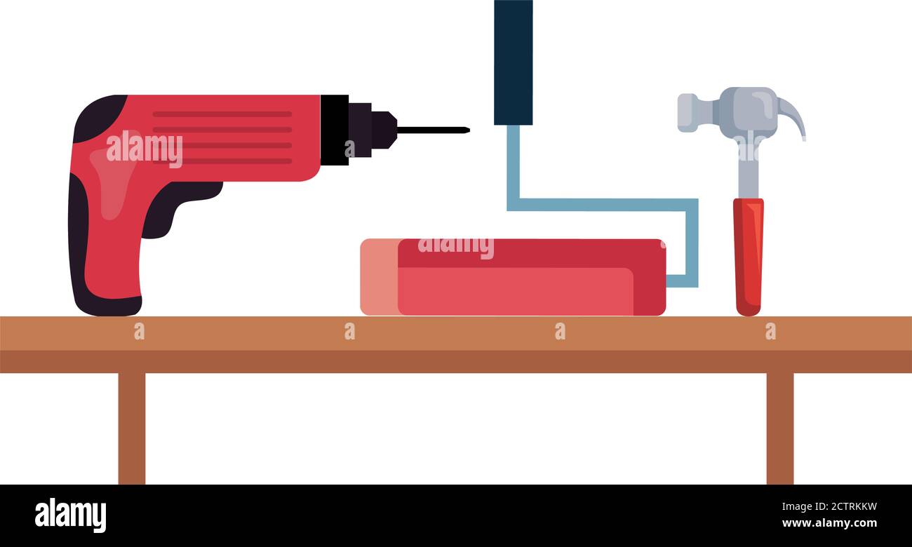 construction hammer paint roll and drill on shelf vector design Stock ...