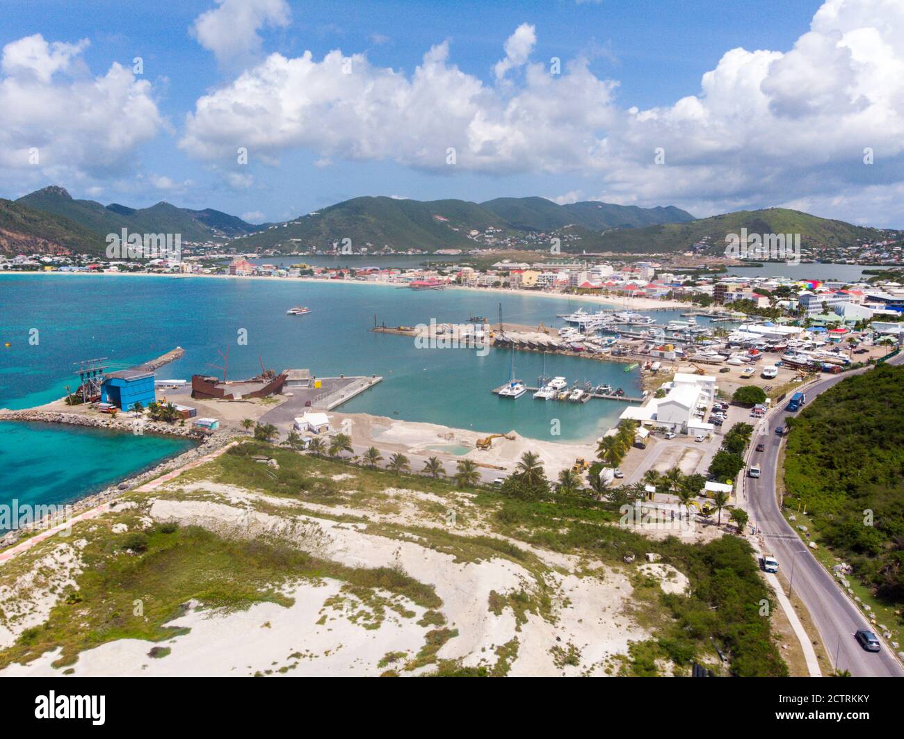 Aerial view of the Caribbean island of Sint maarten /Saint Martin. Aerial view of port st.maarten cruise facility. Stock Photo