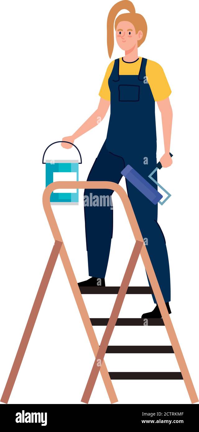 woman cartoon with construction paint bucket and roll on ladder vector ...