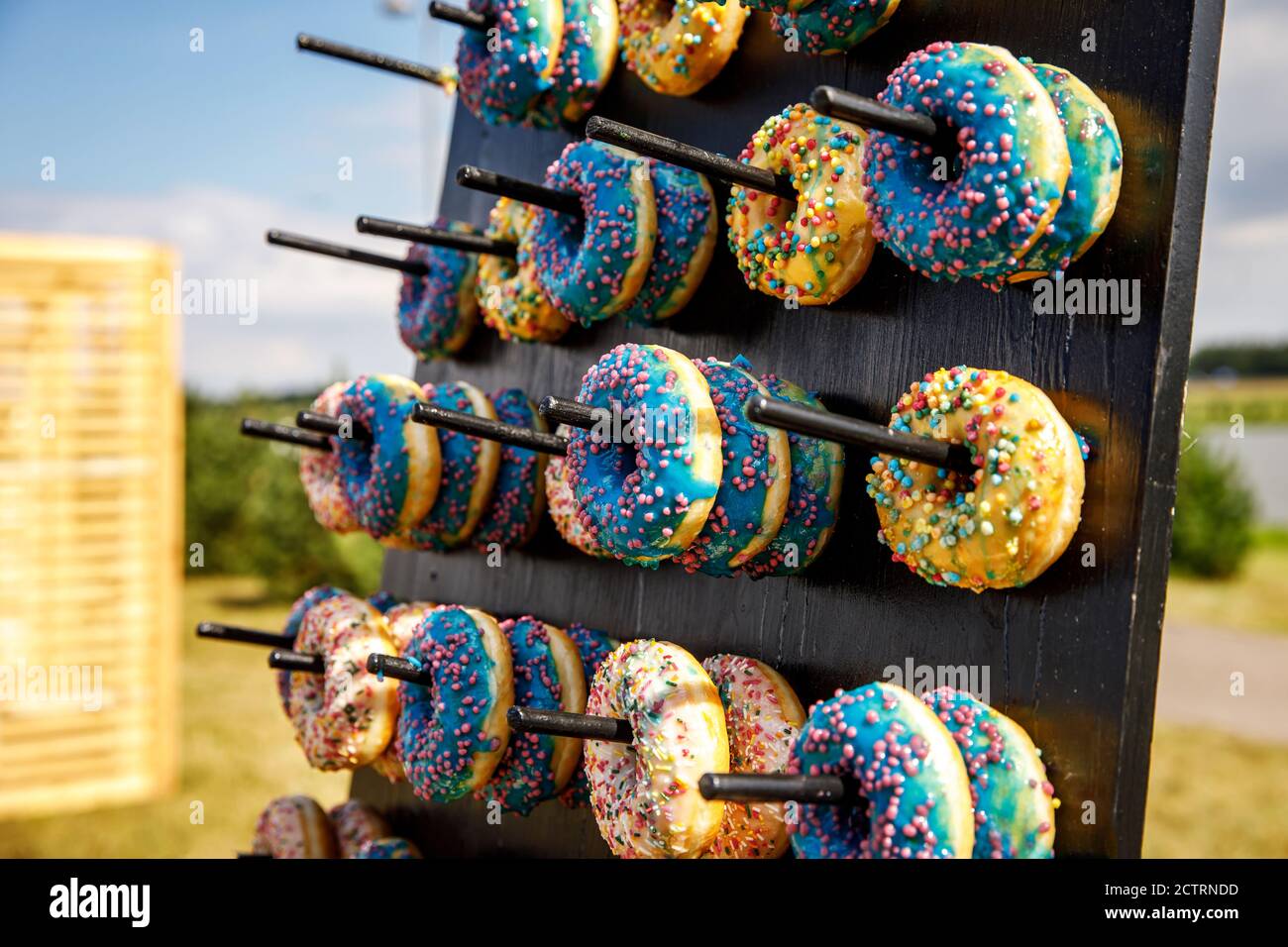 Assorted donuts on a wand. Dessert colorful snack Stock Photo