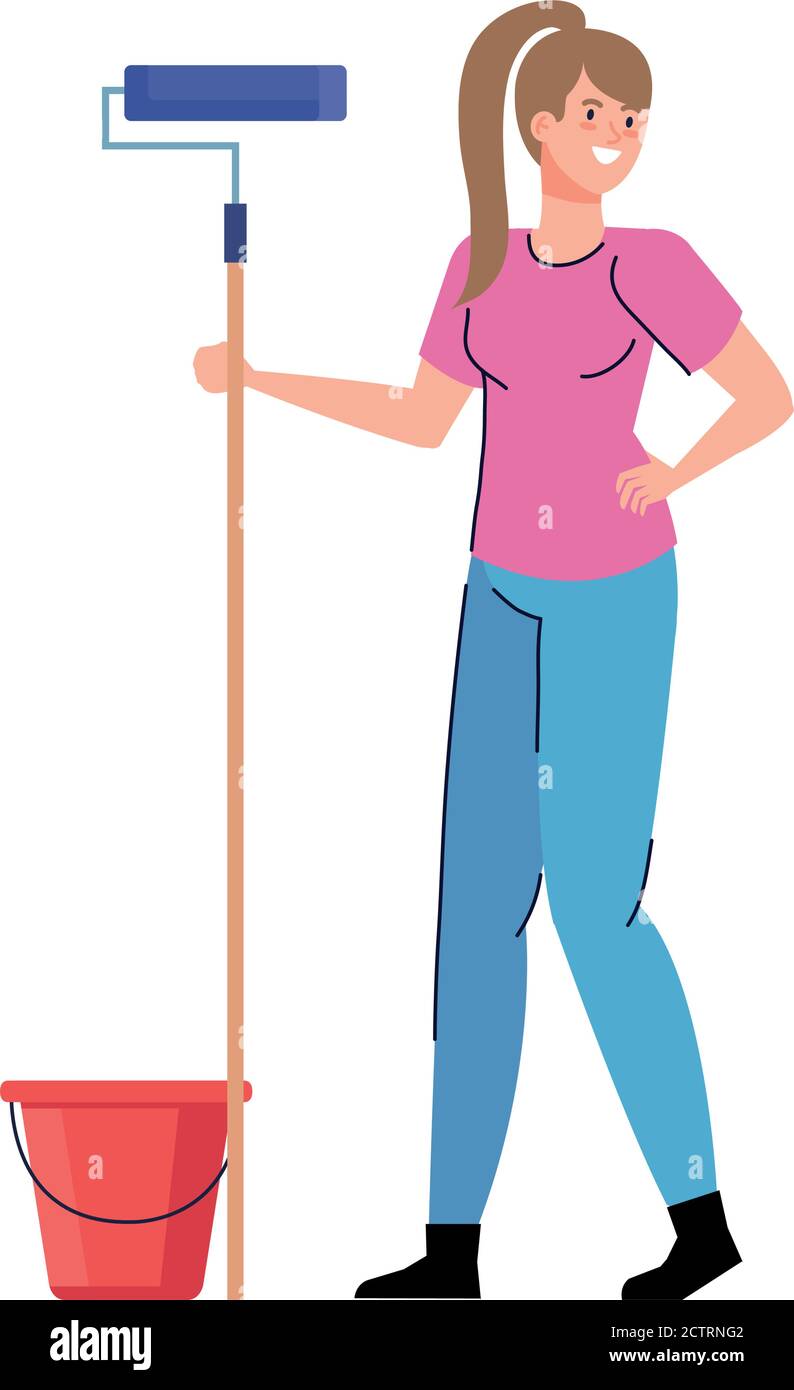 woman cartoon with construction paint roll and bucket vector design ...