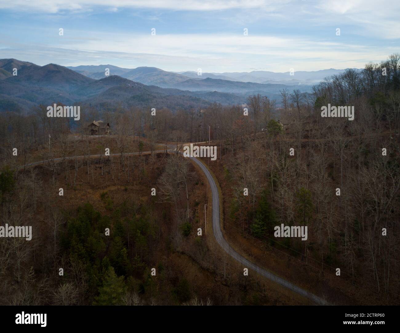 BRYSON CITY, NORTH CAROLINA - CIRCA DECEMBER 2019: Aerial view of typical mountain vacation cabins close to Bryson City, North Carolina Stock Photo