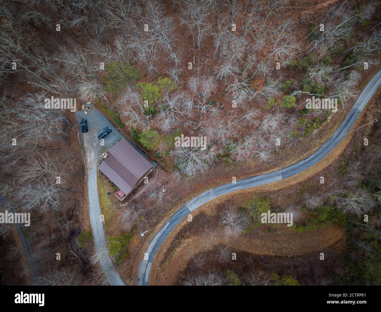 BRYSON CITY, NORTH CAROLINA - CIRCA DECEMBER 2019: Aerial view of typical mountain vacation cabins close to Bryson City, North Carolina Stock Photo