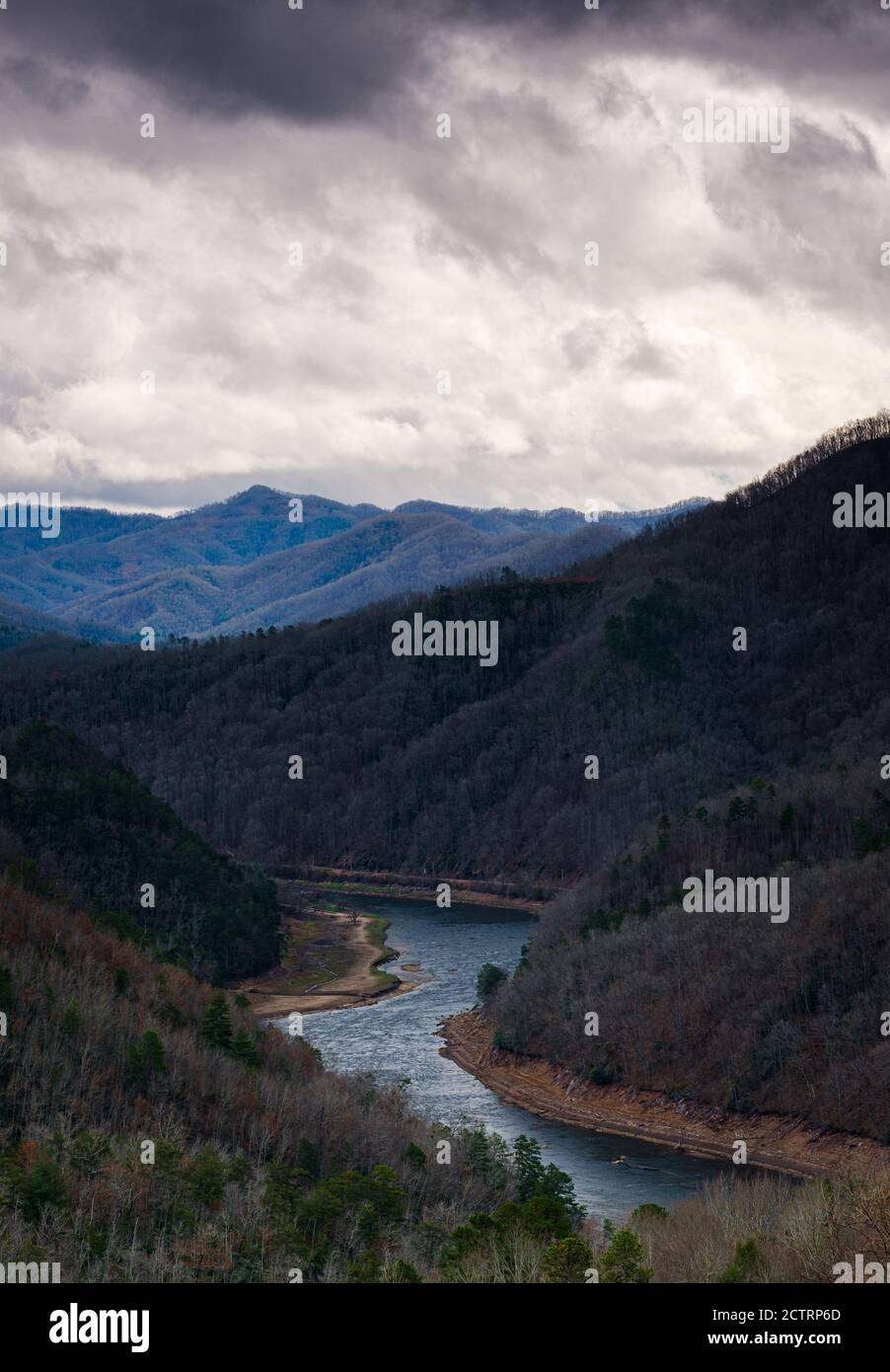 BRYSON CITY, NORTH CAROLINA - CIRCA DECEMBER 2019: View of Tuckasegee River and mountain from the Lakeview Drive close to Bryson City, in the Smoky Mo Stock Photo