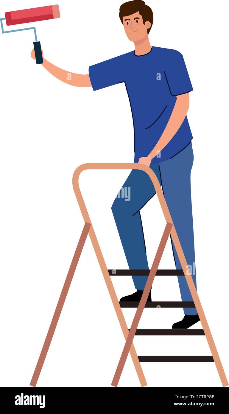 man cartoon with construction paint roll on ladder vector design Stock ...
