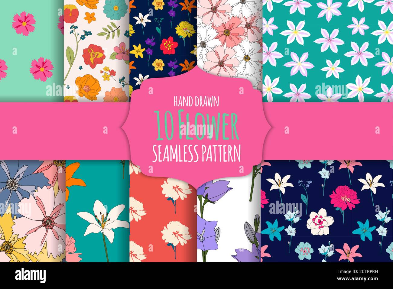 10 Hand drawn flower seamless pattern background collection set. Vector ...