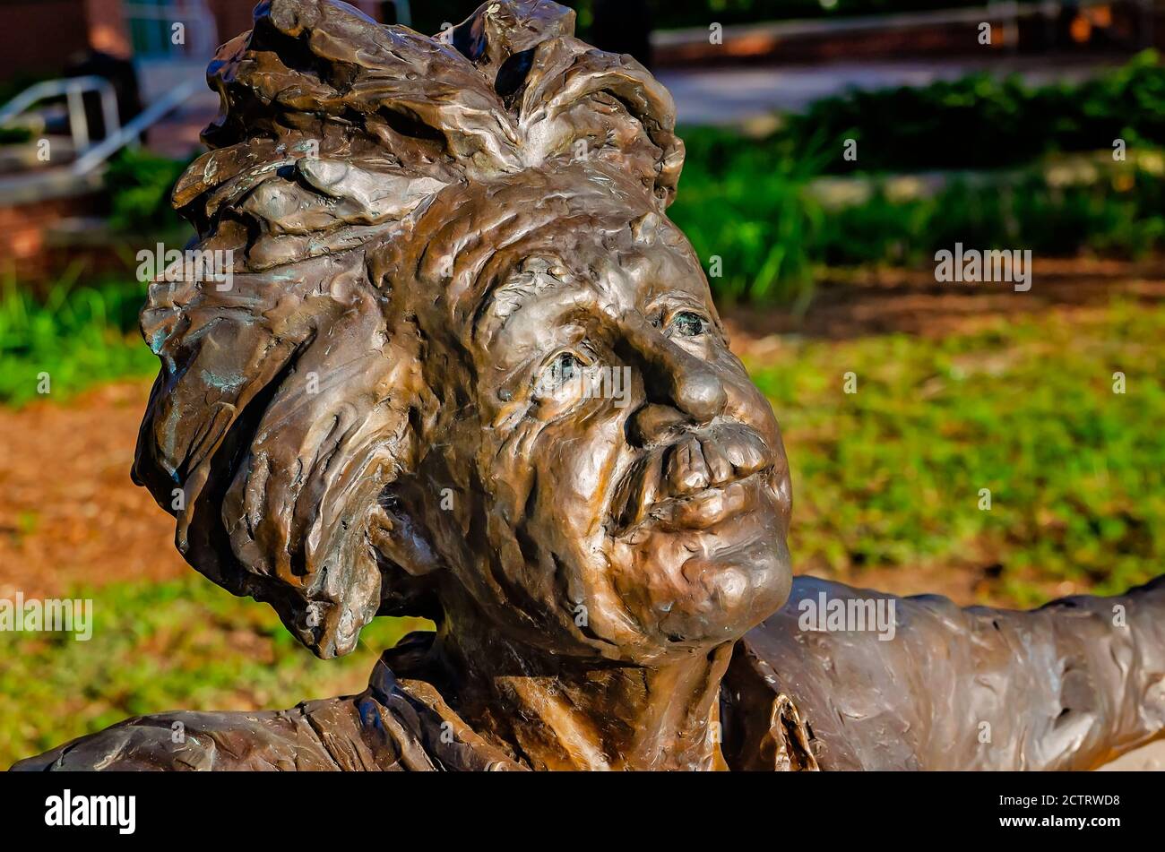 The Einstein bench, a bronze statue of Albert Einstein, is pictured at the University of South Alabama, Aug. 22, 2020, in Mobile, Alabama. Stock Photo