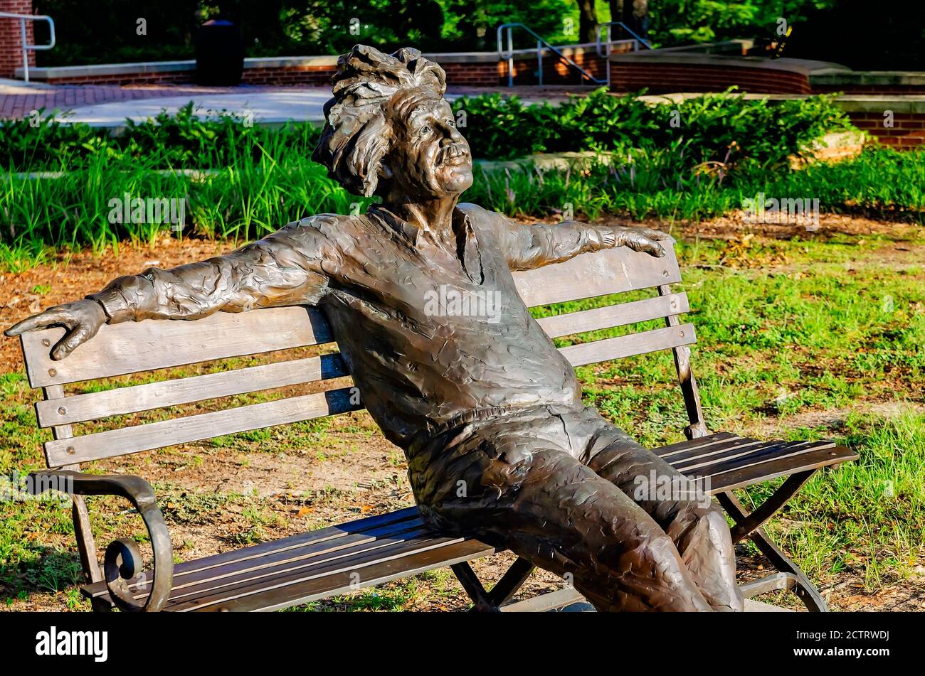 The Einstein bench, a bronze statue of Albert Einstein, is pictured at the University of South Alabama, Aug. 22, 2020, in Mobile, Alabama. Stock Photo