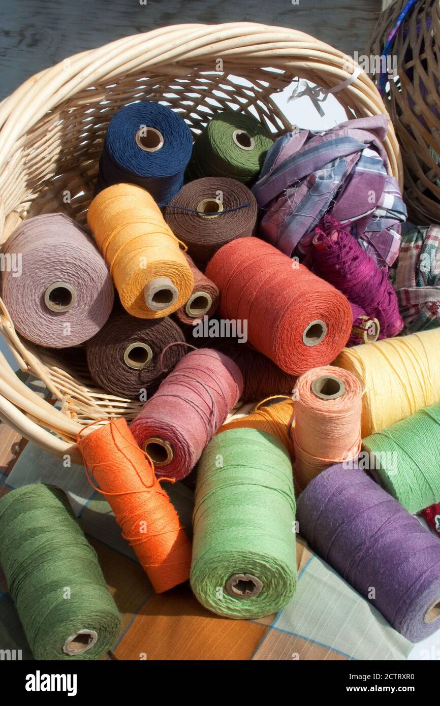 Basket with Variety of Colored Warp for Weaving Stock Photo Alamy