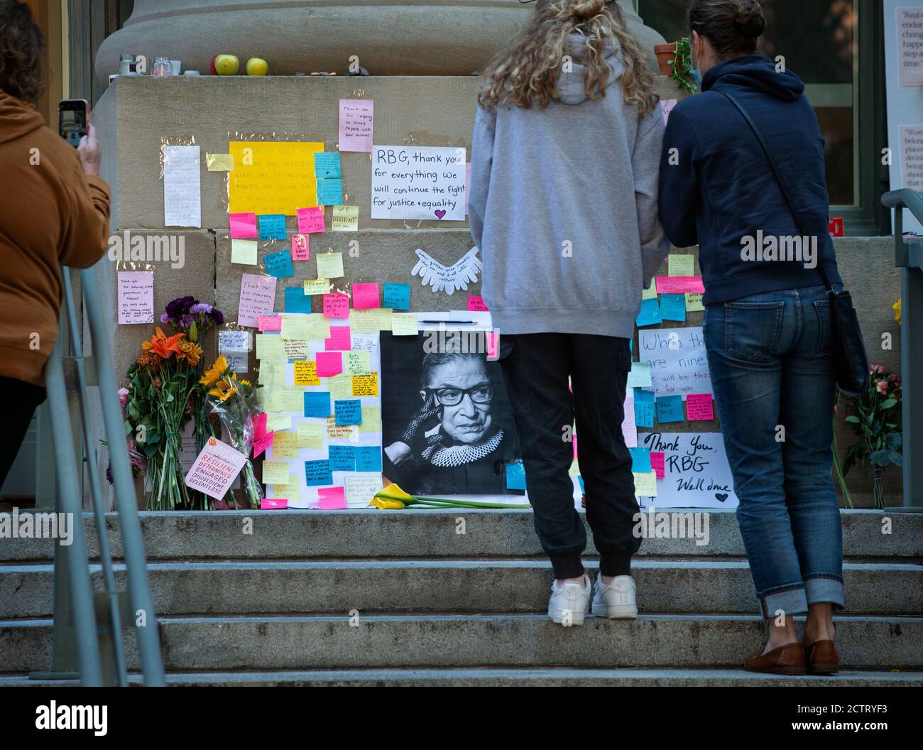 Memorial to Supreme Court Justice Ruth Bader Ginsburg (1933-2020) on the East steps of the Harvard Law School library at Langdell Hall in Cambridge Massachusetts, USA. Stock Photo