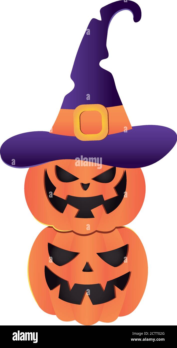 halloween pumpkins with witch hat over white background, flat style ...
