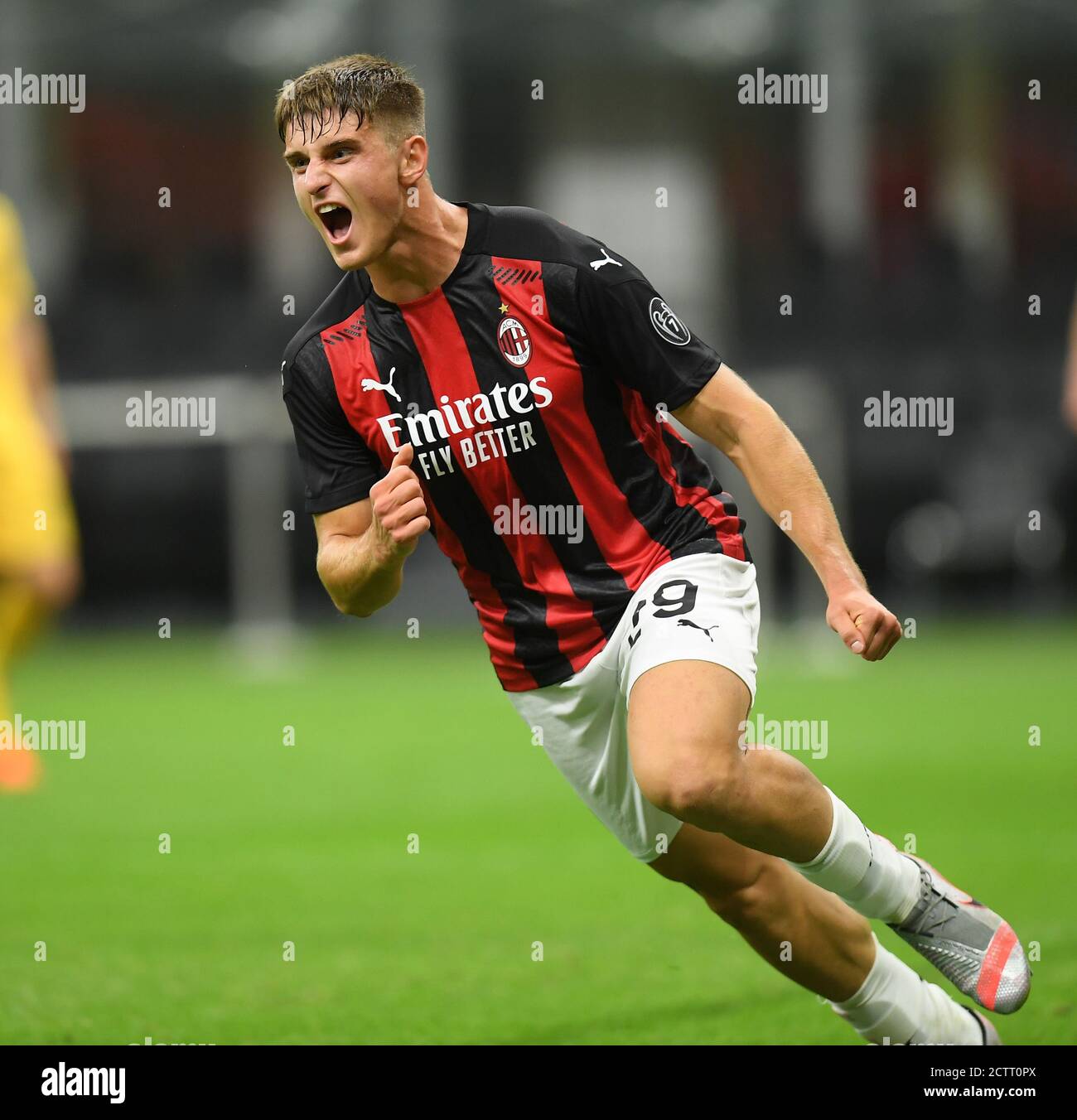 Milan, Italy. 24th Sep, 2020. AC Milan's Lorenzo Colombo celebrates his  goal during the Europa League third round qualifying football match between AC  Milan and Bodo/Glimt in Milan, Italy, Sept. 24, 2020.