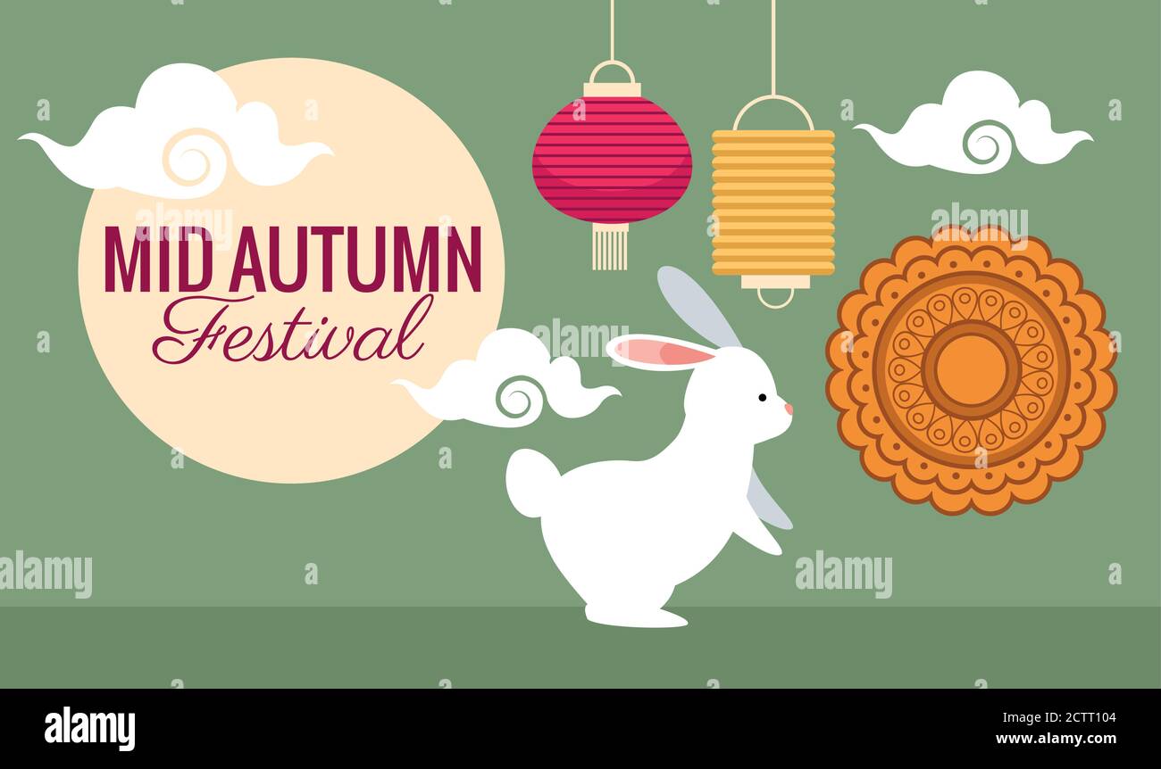 mid autumn festival celebration with lettering in fullmoon and rabbit ...
