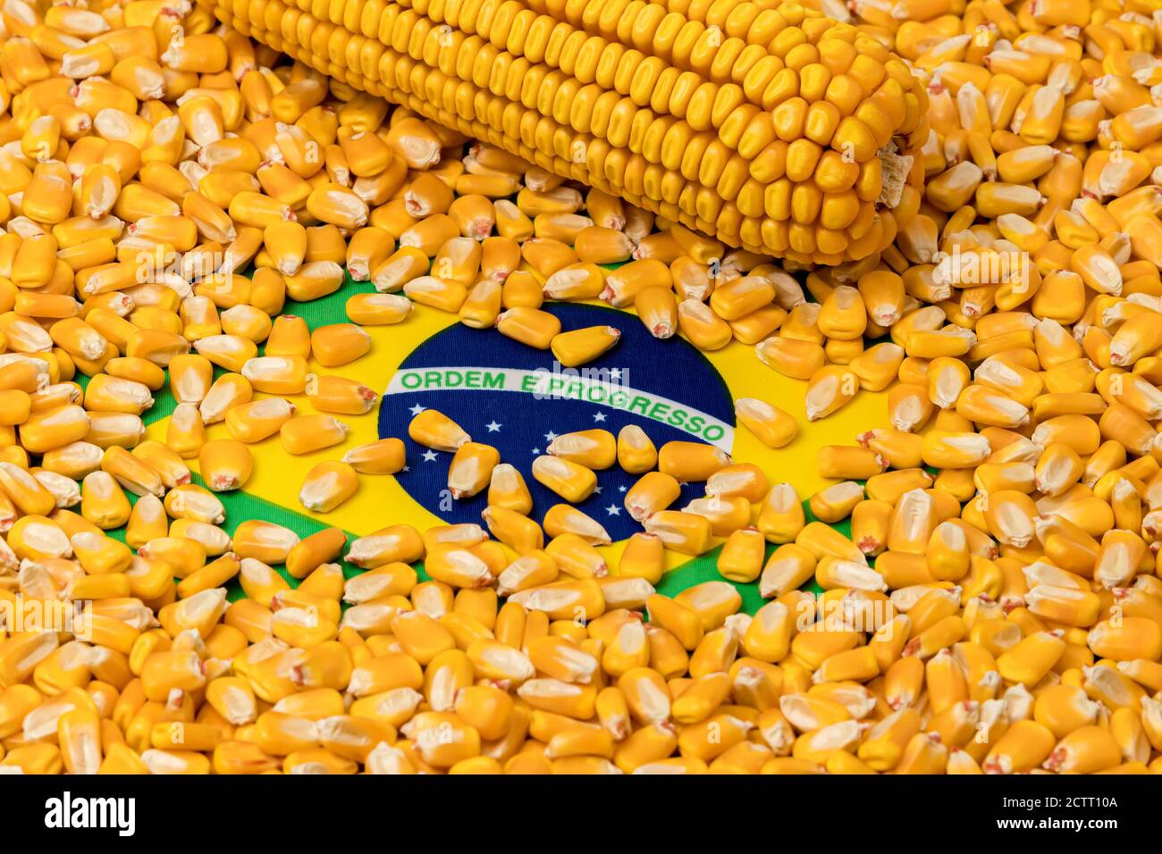 Flag of Brazil covered in corn kernels. Concept of South America and Brazilian agriculture imports, exports, trade war, agreement and tariffs. Stock Photo