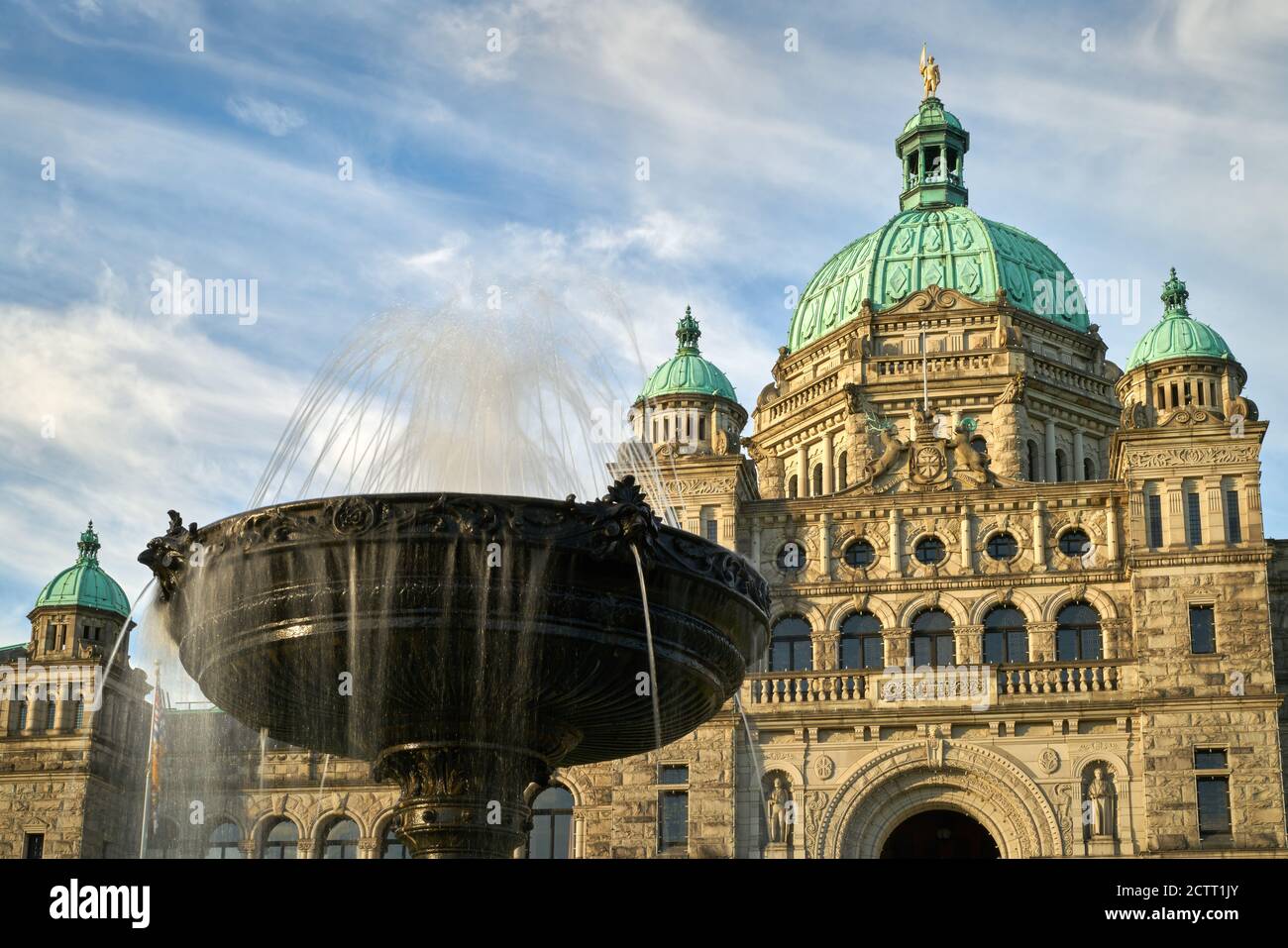 Parliament Building and Fountain Victoria British Columbia. A fountain in front of the parliament building in Victoria, British Columbia. Stock Photo