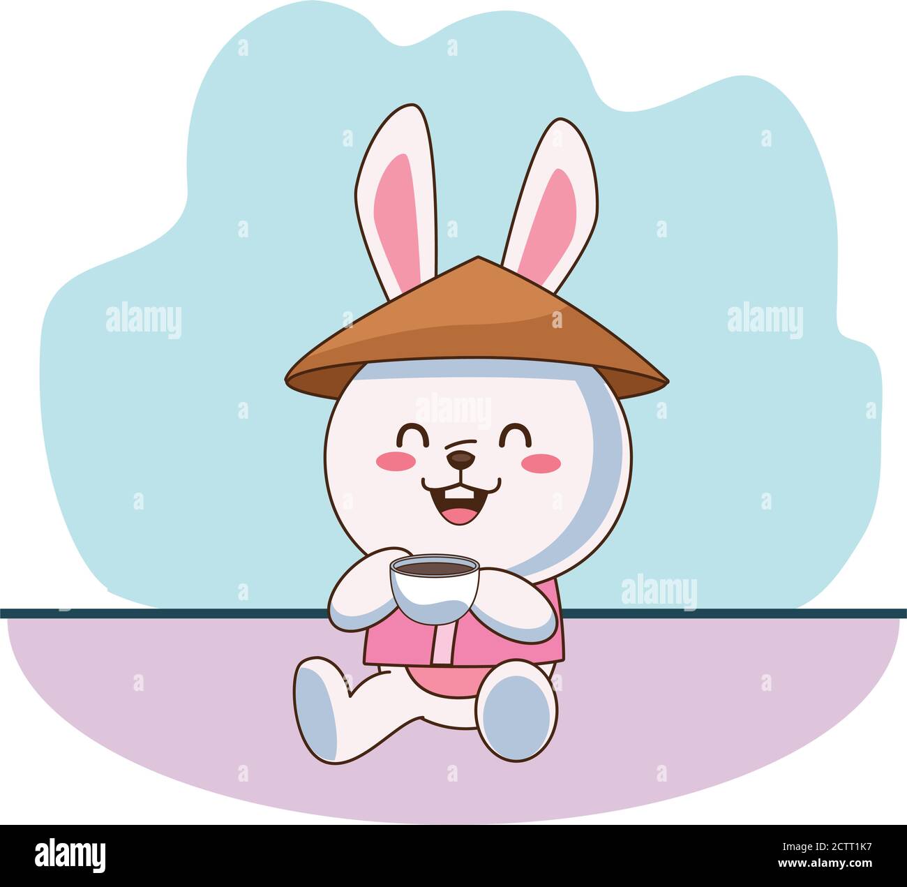 cute mid autumn rabbit with chinese hat drinking tea character vector ...