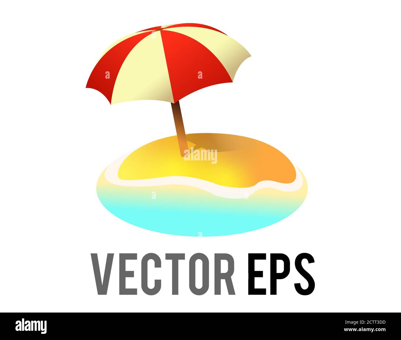 The isolated vector beach island icon, with sun umbrella its shadow, sand and ocean water Stock Vector