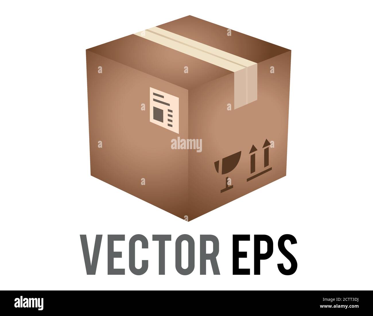 The isolated vector light brown cardboard package box icon with shipping label and taped shut Stock Vector