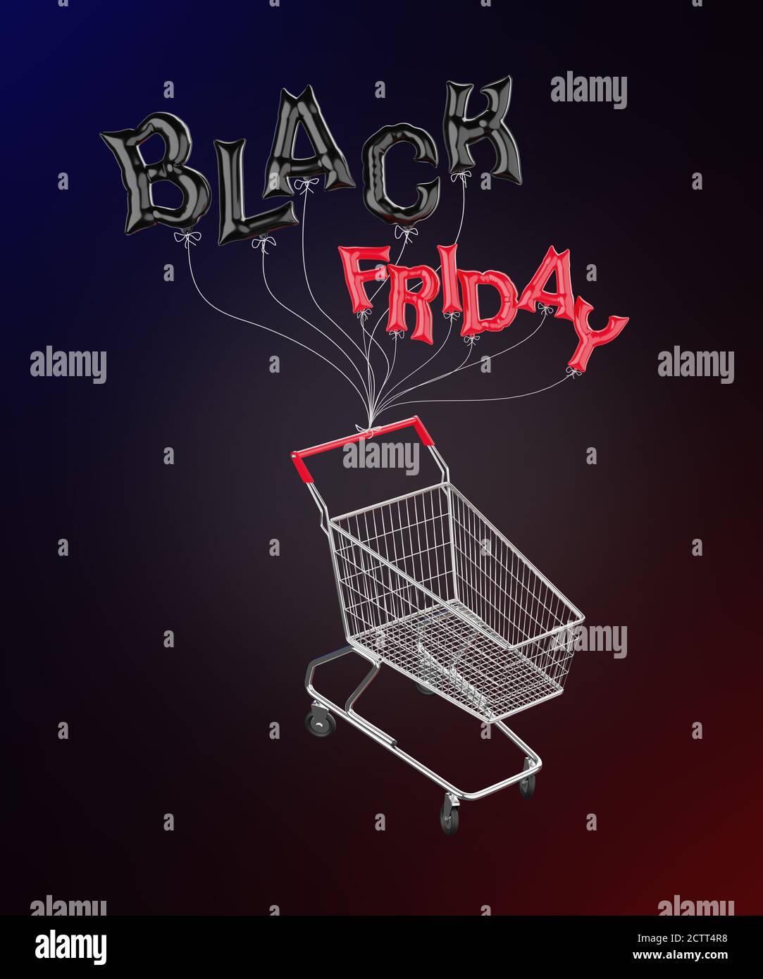 Balloons in the shape of the letters 'Black Friday' is tied to a shopping cart and are floating in a black background. Concept of the shopping season Stock Photo