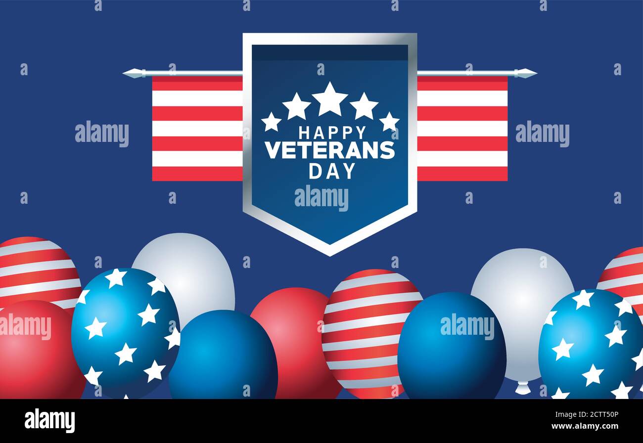 happy veterans day lettering with usa flag in shield and balloons ...