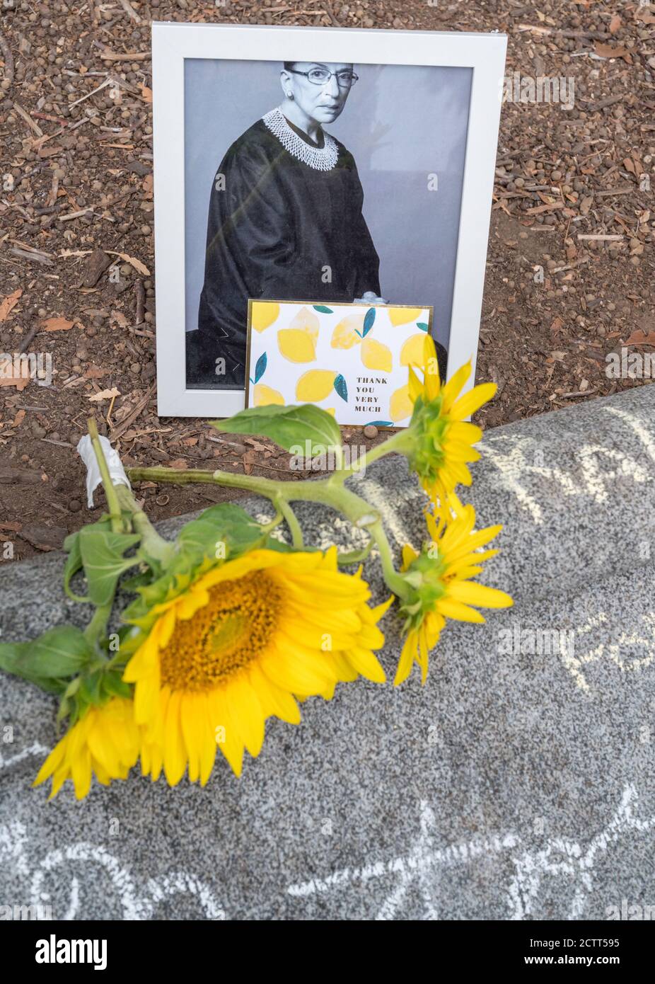 September 24, 2020, Washington, DC-- Flowers and mementos lined the street across from the Supreme Court in honor of Justice Ruth Bader Ginsburg. Stock Photo