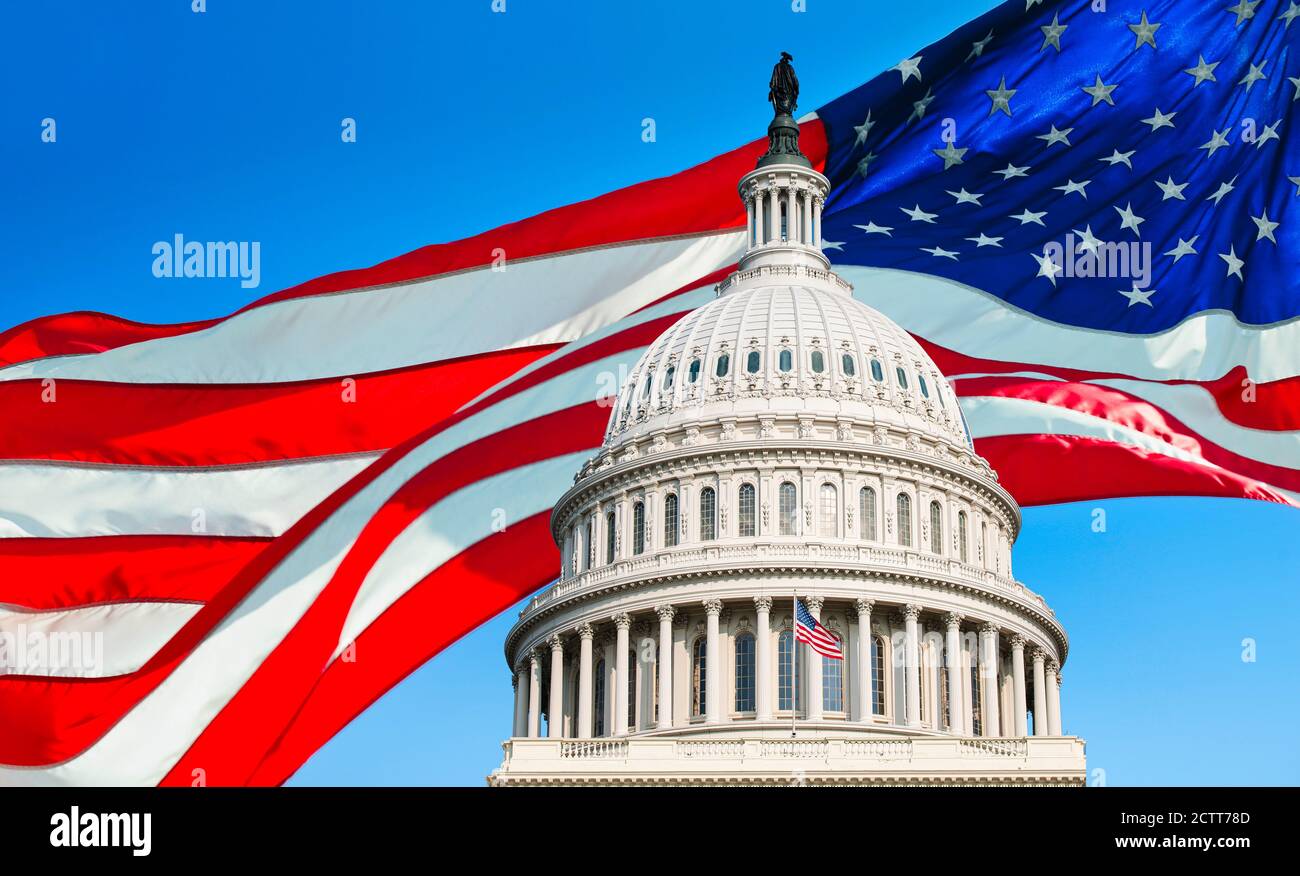 USA, Washington D.C., Capitol Building against background of American flag Stock Photo