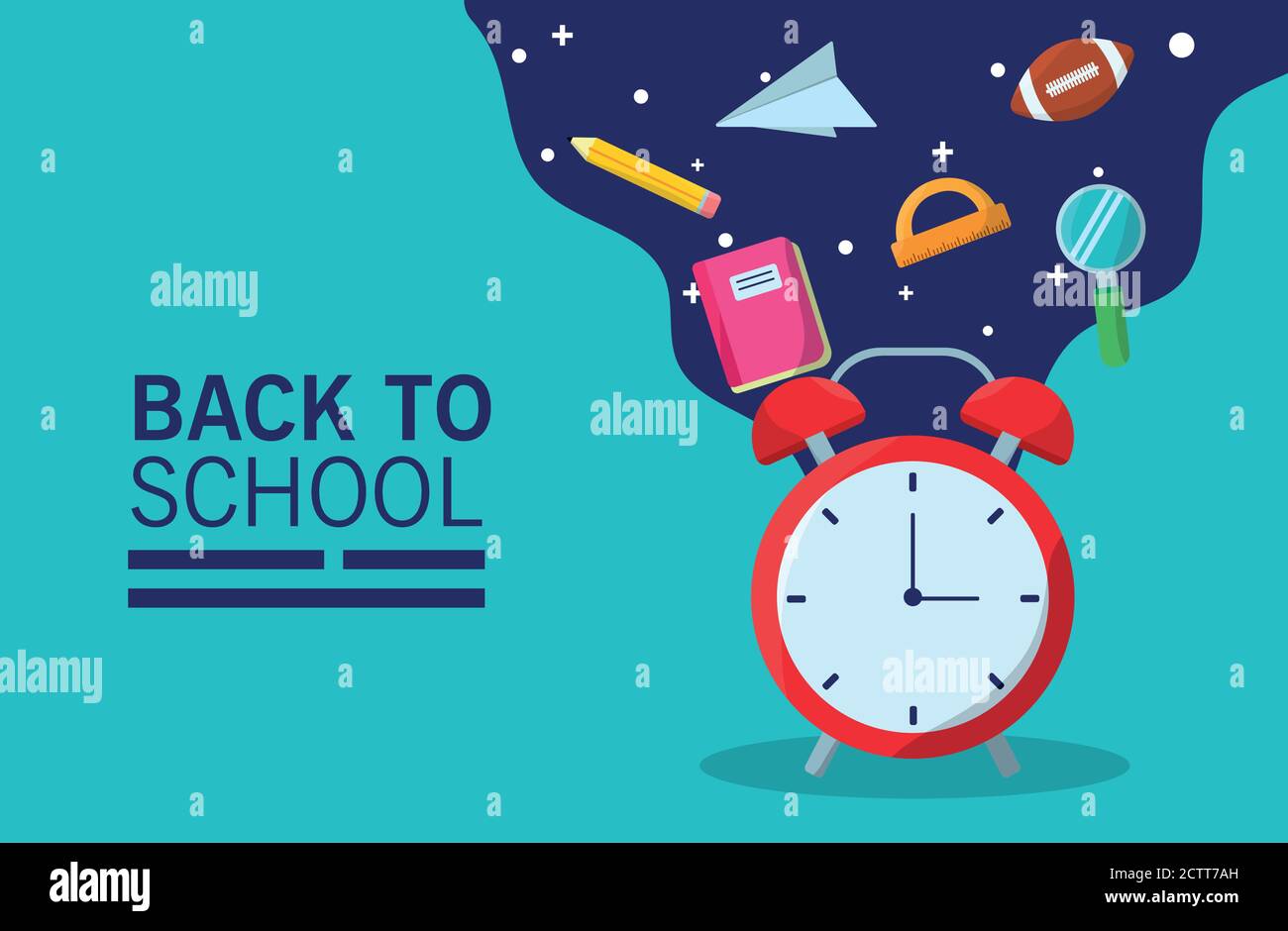 back to school lettering season with alarm clock and supplies flow ...
