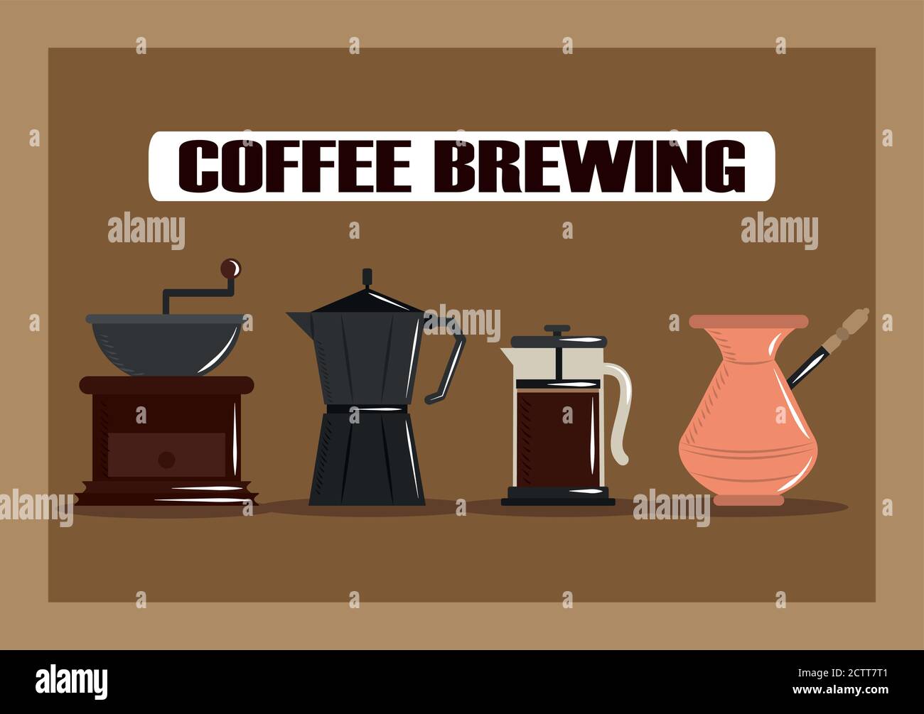 coffee brewing, grinder french press cezve and moka pot vector