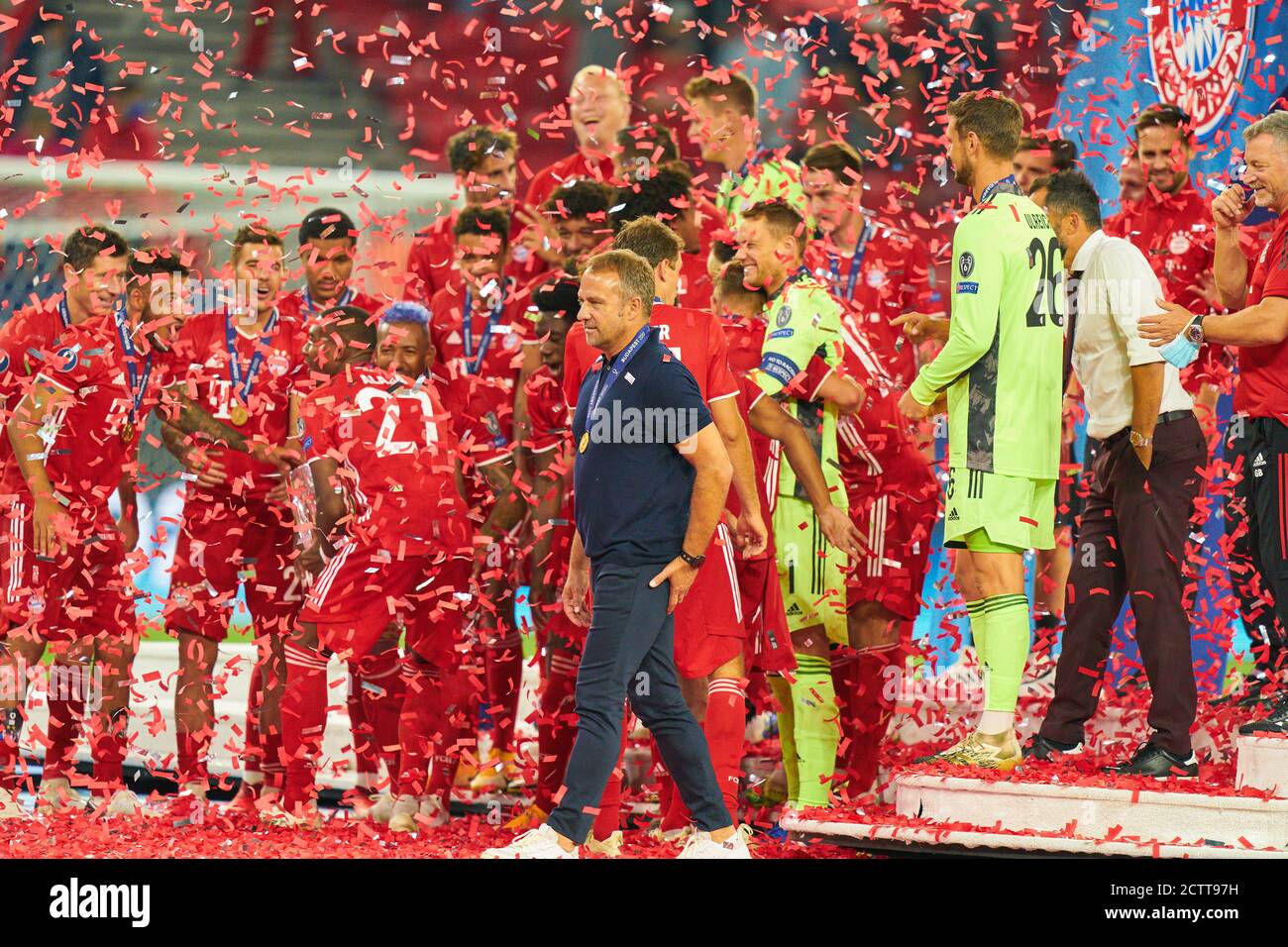 Budapest, Hungary, 24th September 2020.  Trainer Hansi FLICK (FCB), team manager, headcoach, coach,   celebration in the Final UEFA Supercup match FC BAYERN MUENCHEN - FC SEVILLA  in Season 2019/2020, FCB, Munich, © Peter Schatz / Alamy Live News    - UEFA REGULATIONS PROHIBIT ANY USE OF PHOTOGRAPHS as IMAGE SEQUENCES and/or QUASI-VIDEO -  National and international News-Agencies OUT Editorial Use ONLY Stock Photo