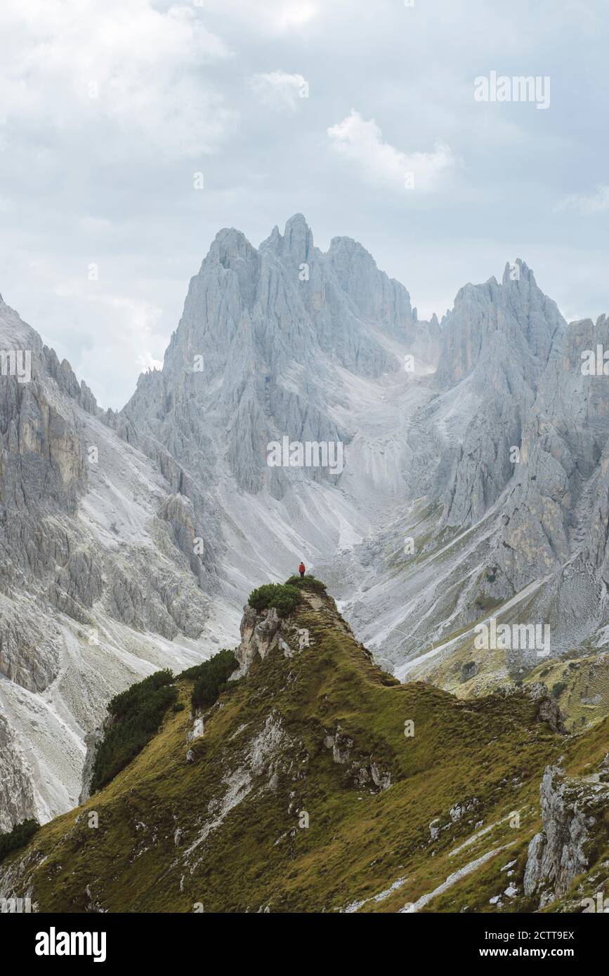 Italy, South Tirol, Belluno, Sexten Dolomites, Cadini di Misurina, Barren mountains on cloudy day Stock Photo