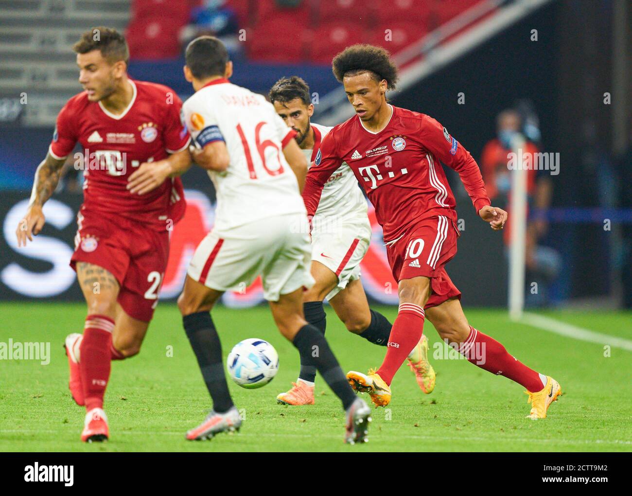 Budapest, Hungary, 24th September 2020. Leroy SANE, FCB 10 compete for the  ball, tackling, duel, header, zweikampf, action, fight against SUSO, Sevilla  7 in the Final UEFA Supercup match FC BAYERN MUENCHEN -