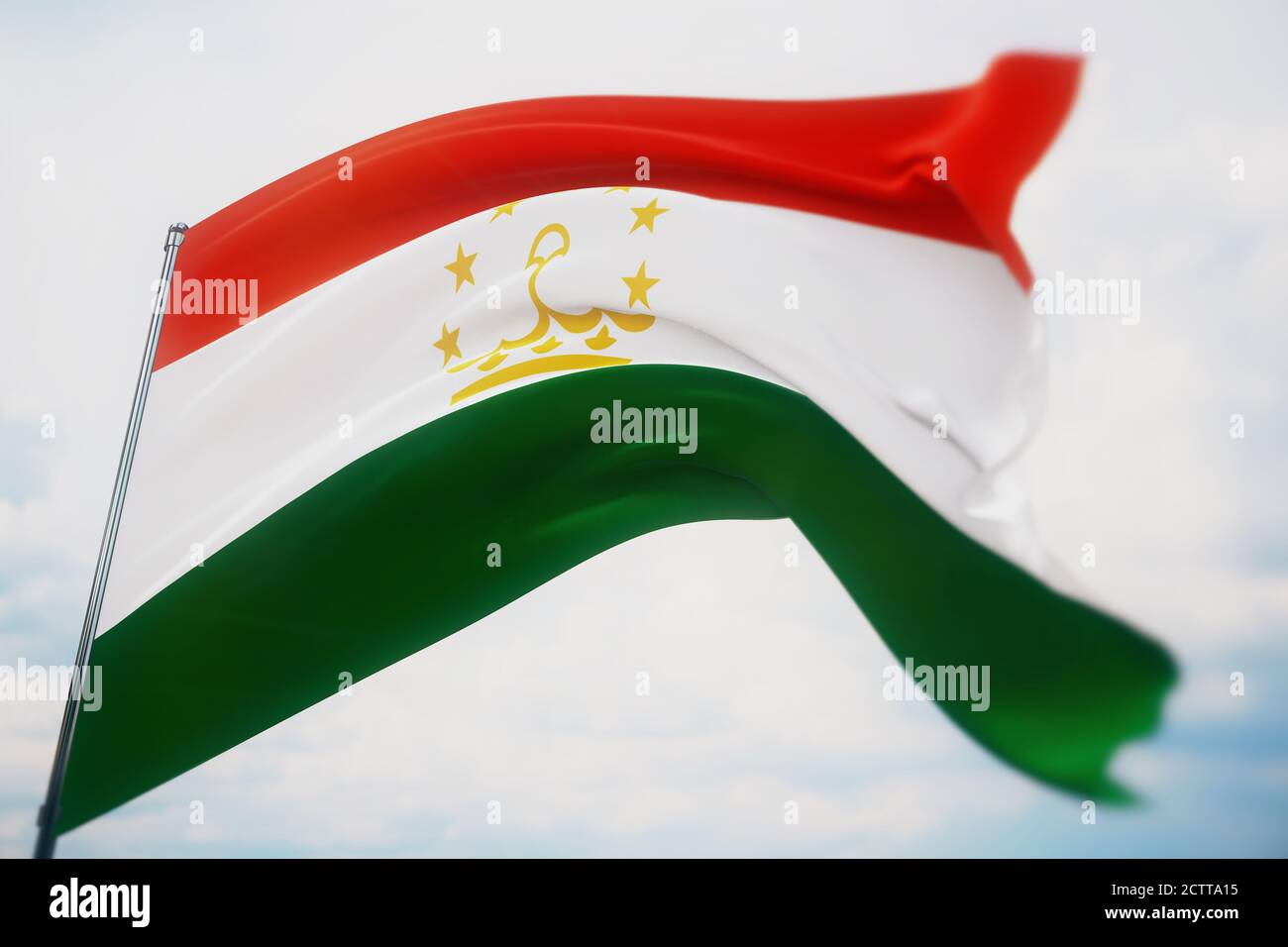 Waving flags of the world - flag of Tajikistan. Shot with a shallow depth of field, selective focus. 3D illustration. Stock Photo