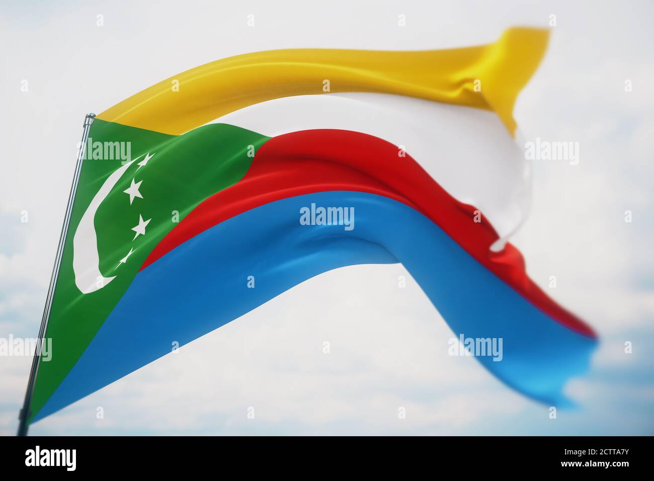 Waving flags of the world - flag of Comoros. Shot with a shallow depth ...