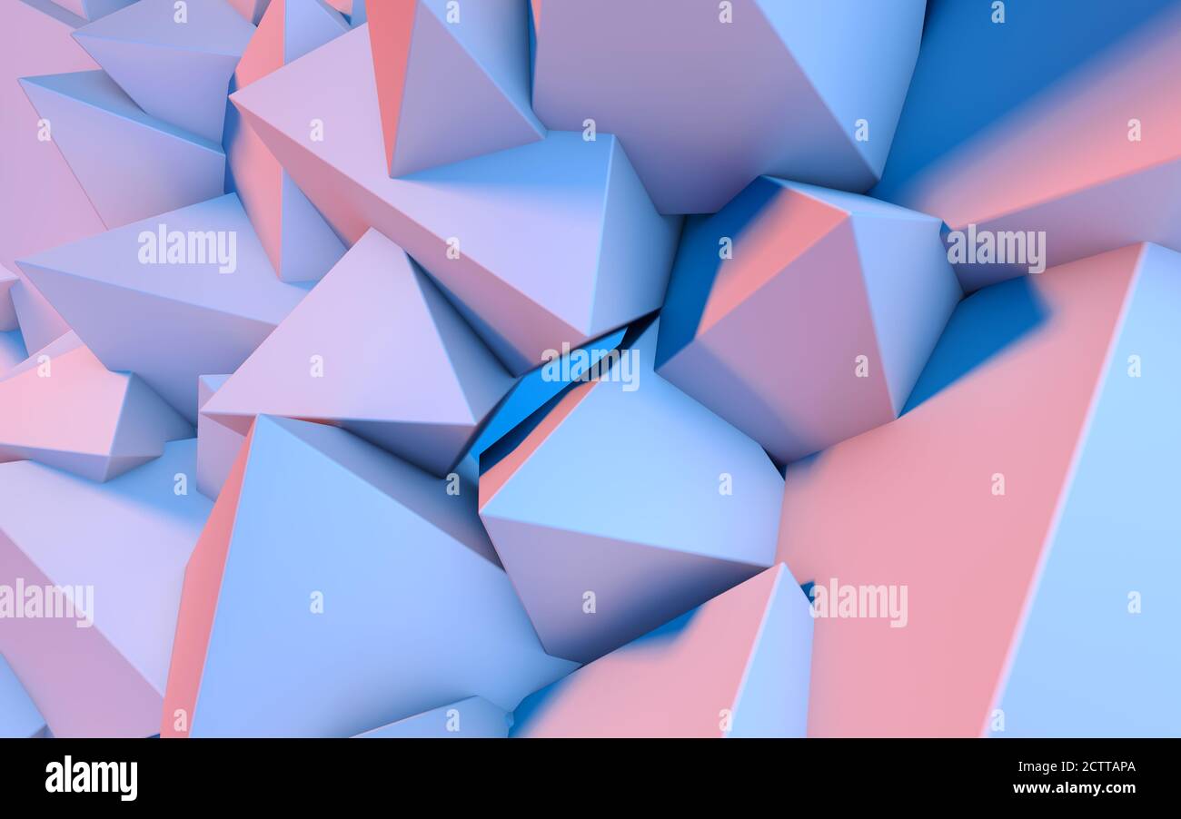Abstract background with 3D shapes flying in pink and blue light as a ...