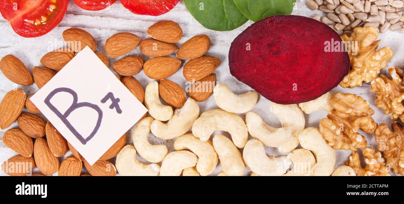 Healthy products and ingredients as source vitamin B7, dietary fiber