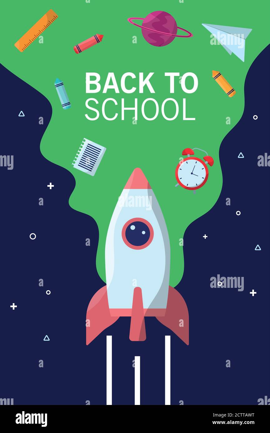 back to school lettering season with rocket and supplies flow vector ...