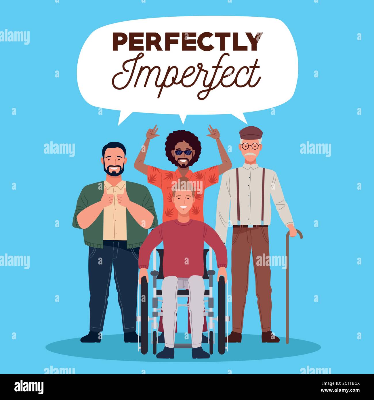perfectly imperfect people group characters with lettering in speech bubble vector illustration design Stock Vector