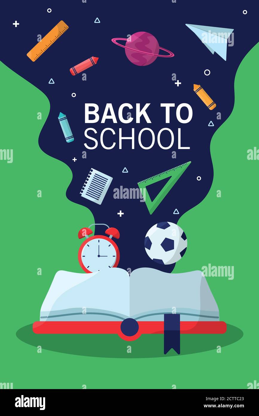 back to school lettering season with textbook and supplies flow vector ...