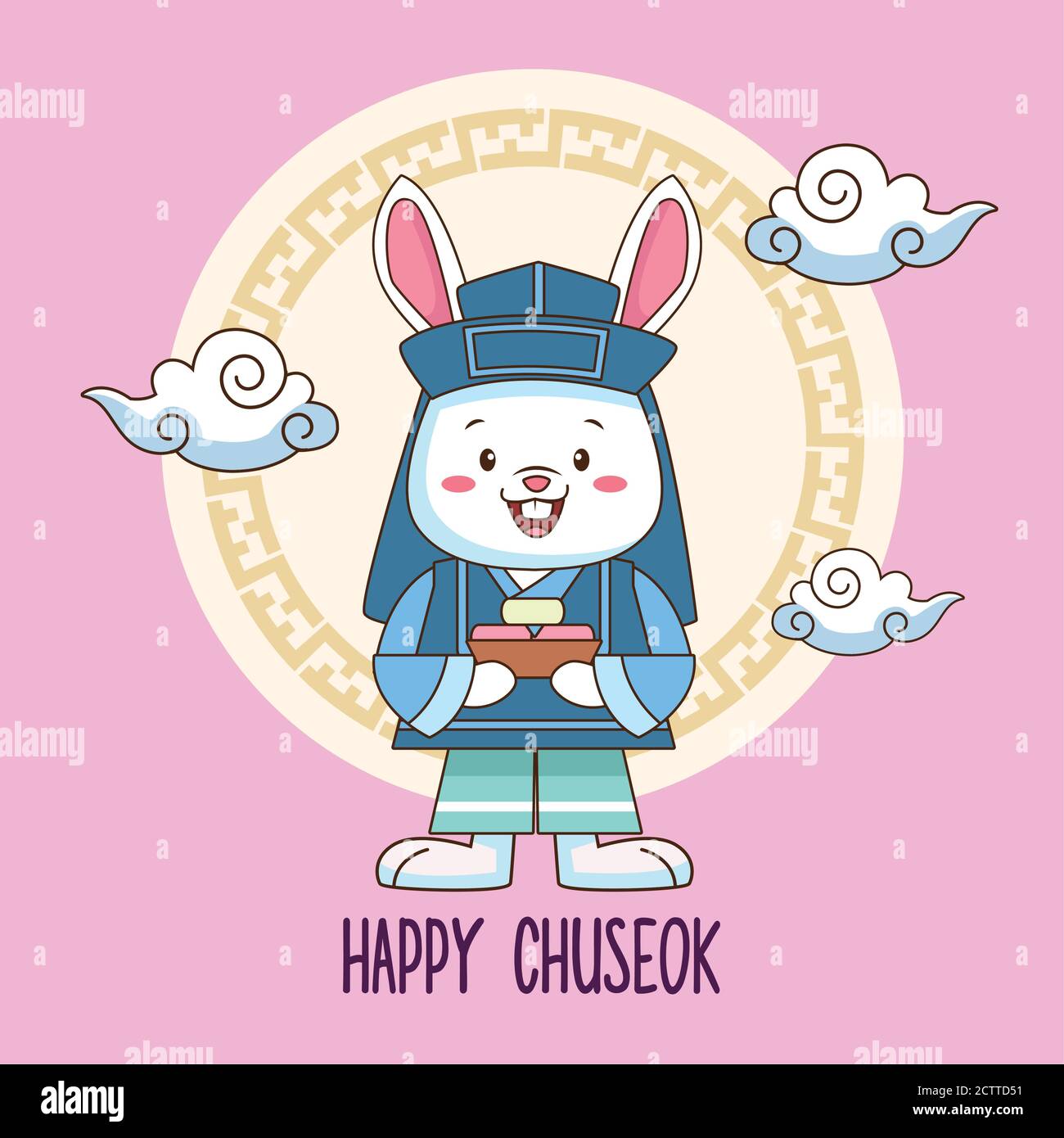 happy chuseok celebration with rabbit lifting sweet food and clouds ...