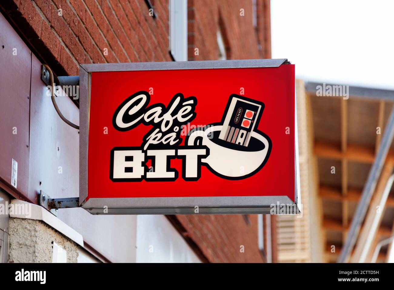 Skelleftea, Norrland Sweden - July 29, 2020: a sign from a cafe that has focused on computer games Stock Photo