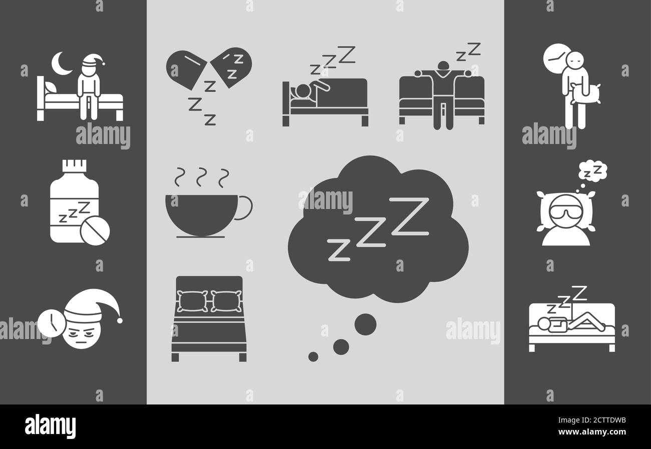insomnia disturbed sleep night collection linear icons style vector