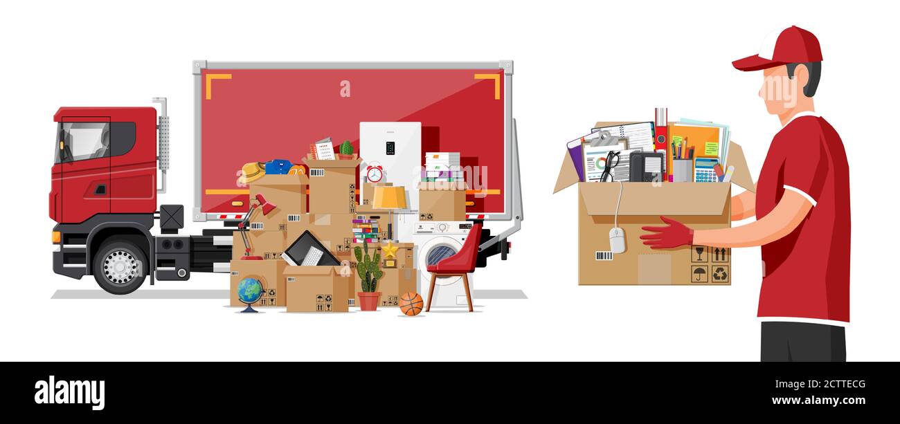 Delivery truck full of household items. Moving to new house. Family relocated to new home. Boxes 