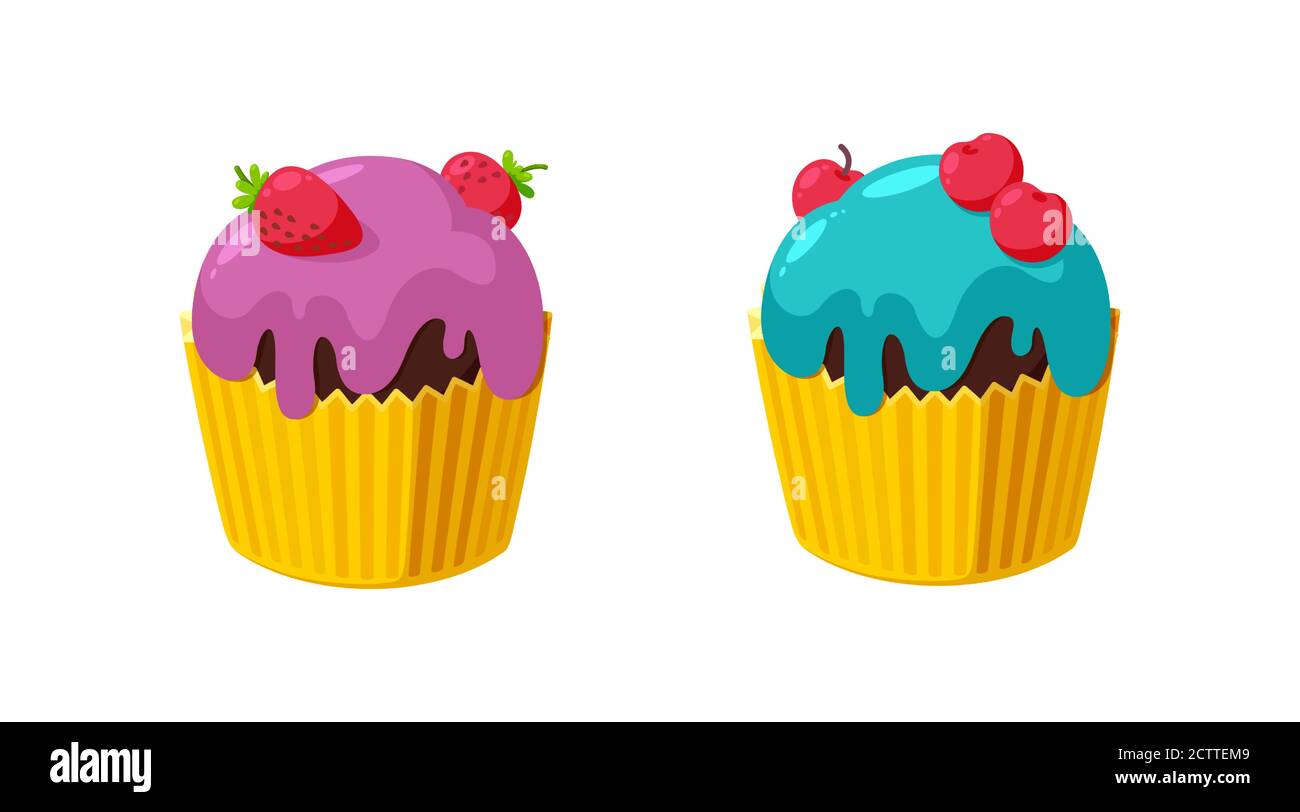 Cupcake with cherry and strawberry. Muffin in paper cup. Tasty dessert with shiny frosting. Vector illustration in cute cartoon style Stock Vector