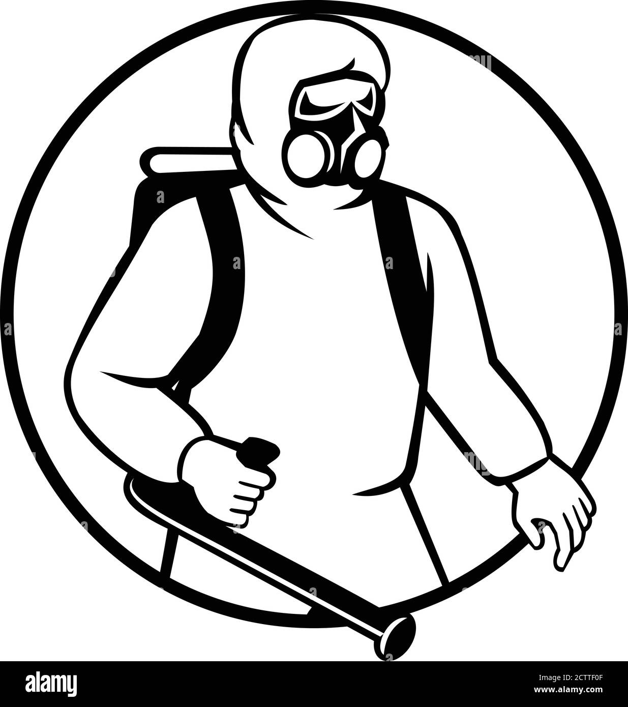 Black and white illustration of an industrial worker, healthcare, essential or pest exterminator wearing respiratory protective equipment, fumigating Stock Vector