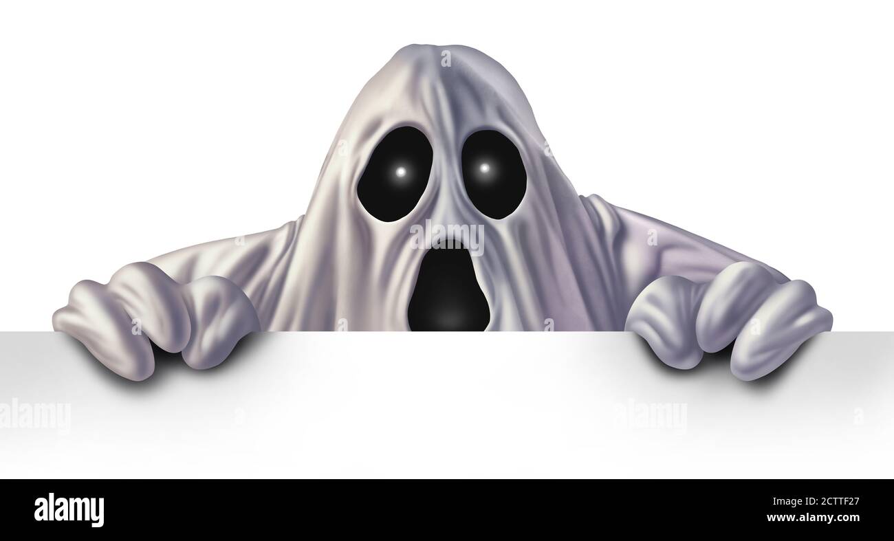 Ghost monster peeking behind a blank white sign as an angry haunted creepy phantom spirit hiding behind a billboard as a halloween message concept. Stock Photo