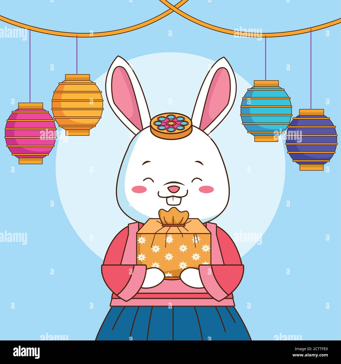 happy chuseok celebration with rabbit lifting gift and lanterns hanging ...