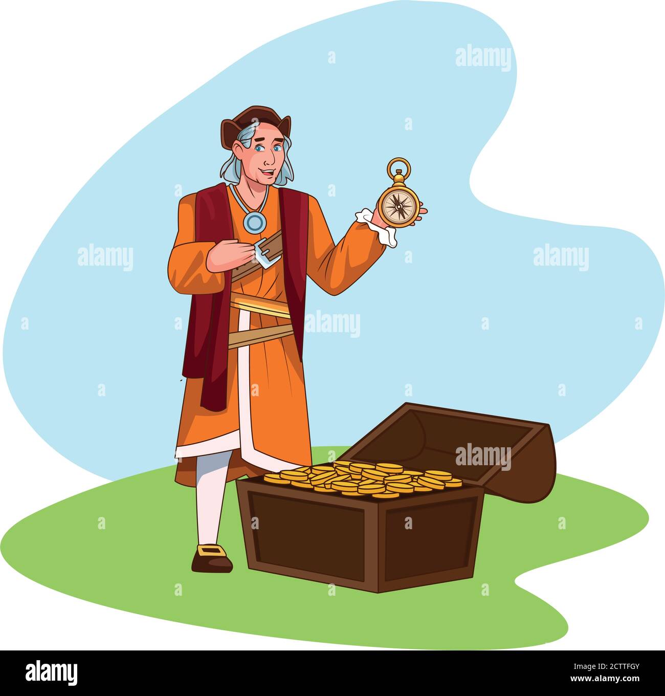Christopher Columbus with compass and treasure vector illustration design Stock Vector