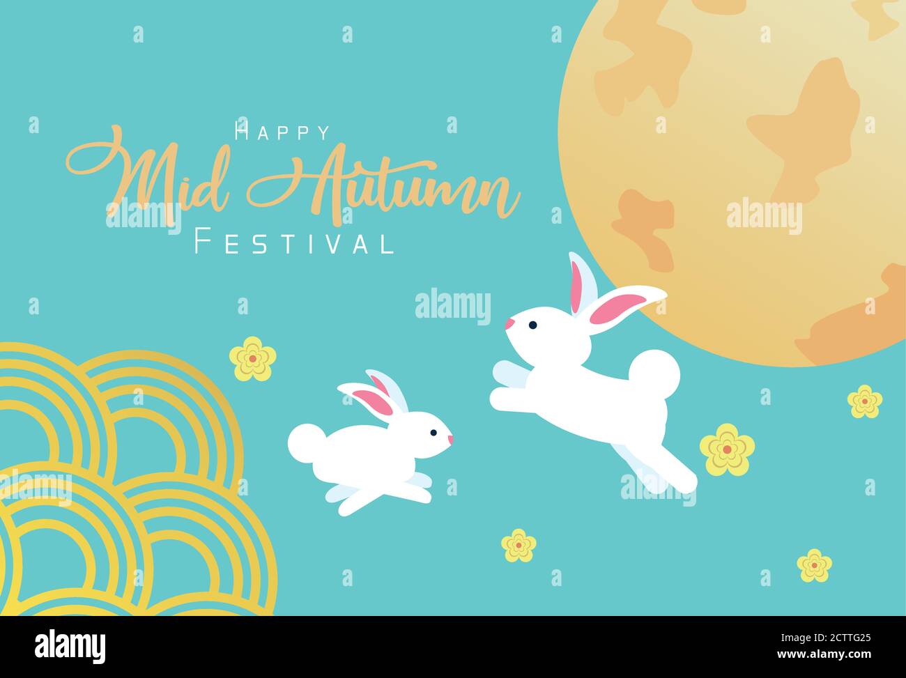 mid autumn celebration card with rabbits couple and moon vector ...