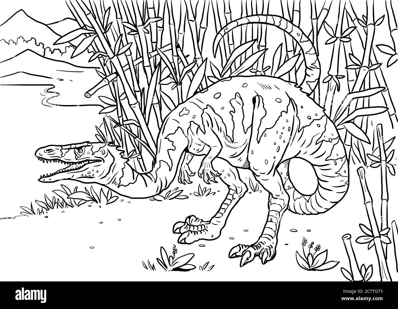 Small predatory dinosaur - Coelophysis. Dino isolated drawing. Coloring book template. Stock Photo